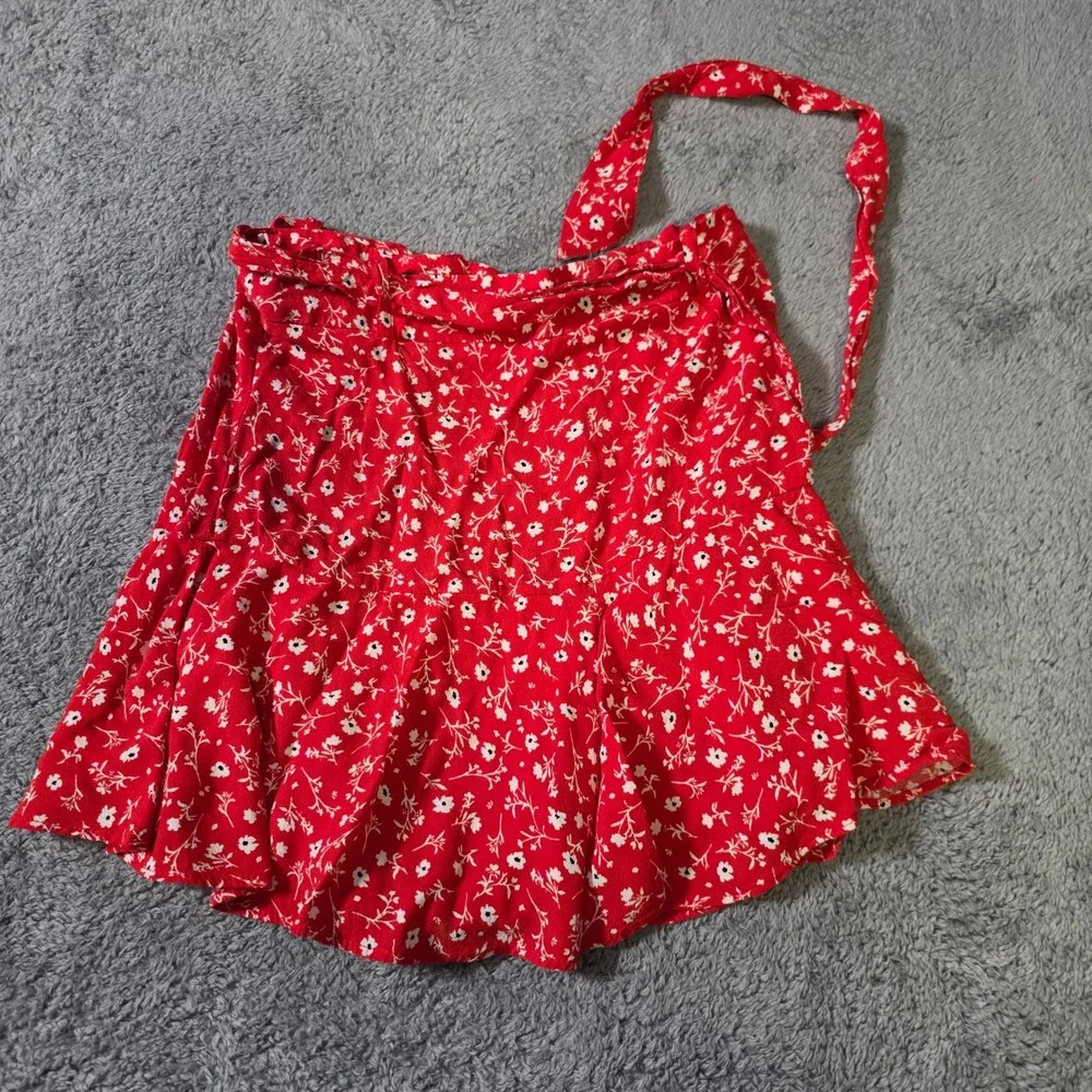 Zara Womens S Mini Skirt Red Floral Wrap Tie Waist Ruffle Hem Summer Cottagecore